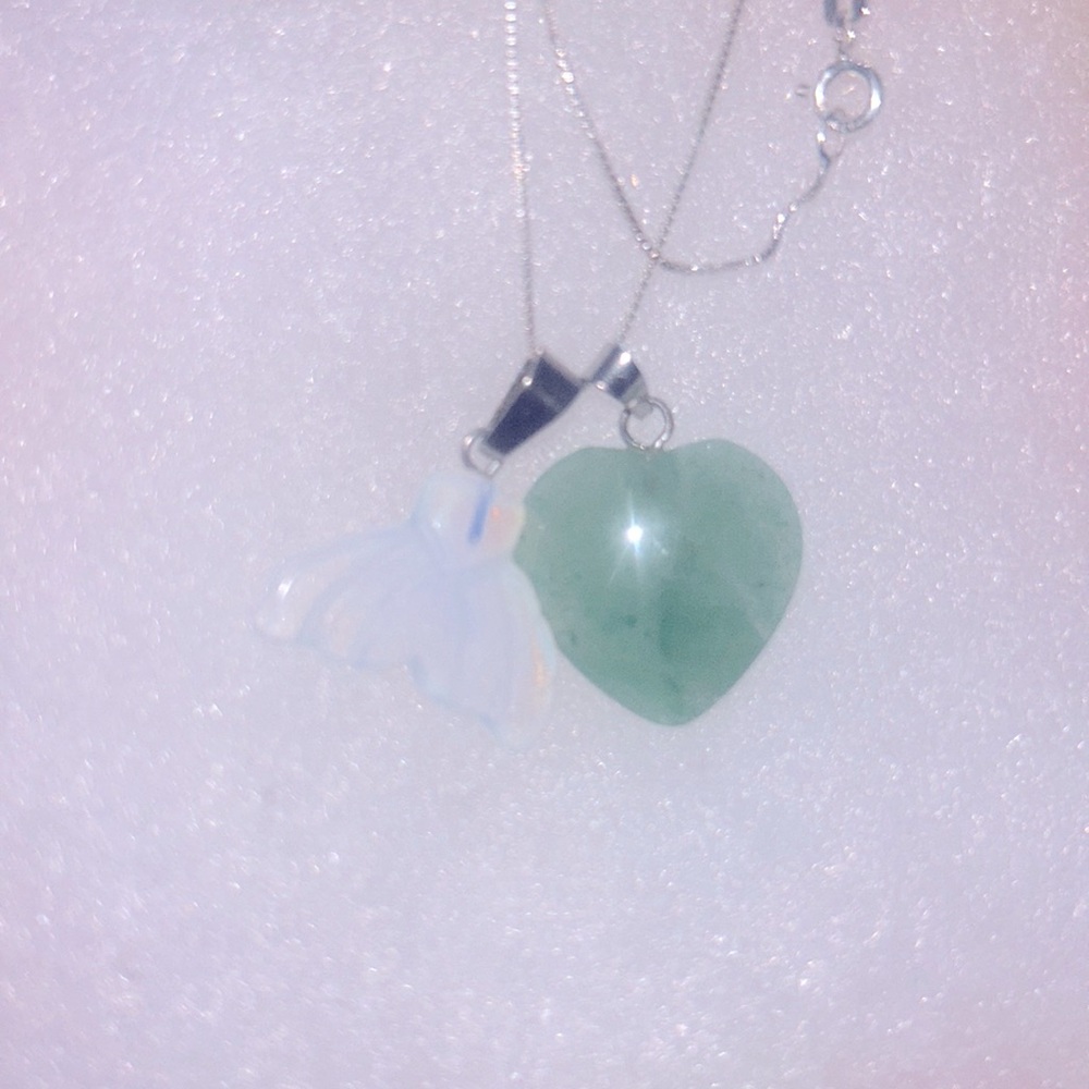 Boho hippie Opal Mermaid tail & Jade Heart Sterling Silver Necklace 16”